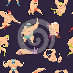 Libre wrestlers pattern. Martial mexican fighters in mask luchador superstar vector seamless background