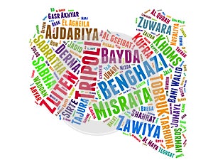 Libya map and list of cities word cloud concept