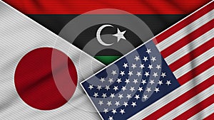 Libya United States of America Japan Flags Together Fabric Texture Illustration