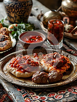 Libyan bazin, a hard dough served with a spicy tomato sauce and meat, presented on a traditional serving tray. This