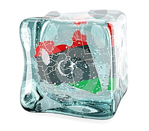 Libyan map frozen in ice cube, 3D rendering