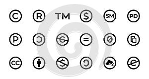 Licence and copyright sign set with trademark, creative commons, public domain and other icons photo