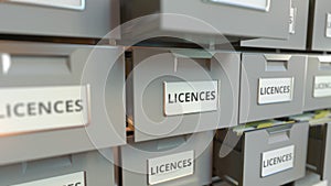 LICENCES text on the drawers of a file cabinet, 3d rendering