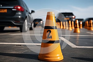 License test involves car maneuvering through traffic cones, testing driving precision.