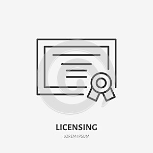 Licensing flat line icon. Certificate sign, patent illustration. Thin linear logo for legal services, lawyer