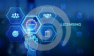 Licensing. License agreement concept. Copyright protection law license property rights. Business technology concept on virtual