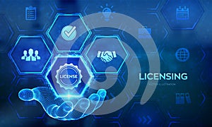 Licensing. License agreement concept in wireframe hand. Copyright protection law license property rights. Business technology