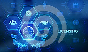 Licensing. License agreement concept in wireframe hands. Copyright protection law license property rights. Business technology