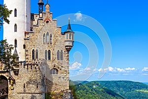 Lichtenstein Castle on blue sky background, Germany. It is a famous landmark of Baden-Wurttemberg