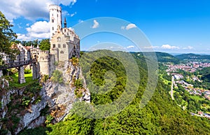 Lichtenstein Castle on mountain top in summer, Germany, Europe