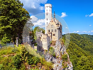 Lichtenstein Castle in summer, Baden-Wurttemberg, Germany. This famous castle is a landmark of Germany. Scenic view of fairytale