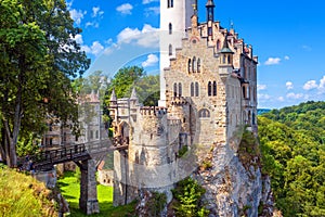 Lichtenstein Castle in summer, Germany. This beautiful castle is a landmark of Baden-Wurttemberg