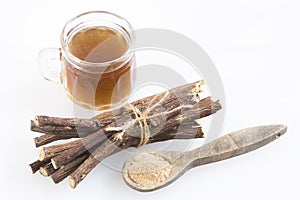 Licorice cup of tea, powder and roots - Glycyrrhiza glabra