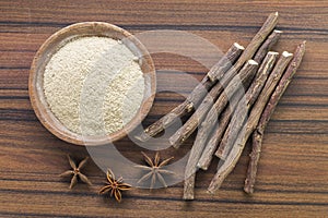 licorice root and flour and anise on the table