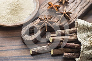 licorice root and flour and anise on the table