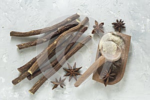 licorice root and flour and anise on the table