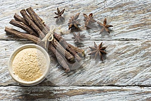 licorice root and flour and anise on the table