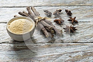 licorice root and flour and anise on the table
