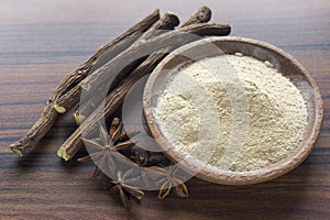 licorice root and flour and anise on the table