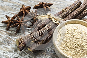.licorice root and flour and anise on the table