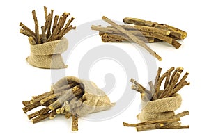 Licorice root sticks and some in a burlap bag
