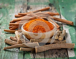 Licorice roots Cinnamon sticks and turmeric