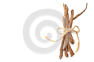 Licorice roots isolated on white background. top view