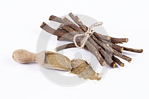 Licorice roots in a pile sticks macro closeup