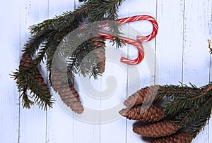 Licorice sticks and pinetree branches  on white wooden background flat lay. Horizontal image