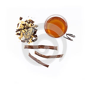 Licorice tea cup and root pieces - Glycyrrhiza glabra