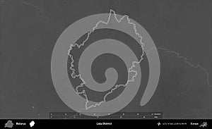 Lida District outlined, Belarus. Grayscale