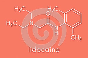 lidocaine local anesthetic drug molecule. Also known as xylocaine or lignocaine. Skeletal formula. photo
