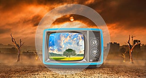 Lie concept. Oasis in the screen of old TV in apocalypse