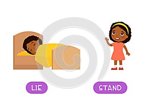 LIE and STAND antonyms word card vector template, Opposites concept. Flashcard for English language learning.