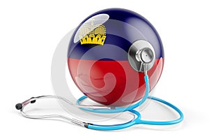 Liechtensteiner flag with stethoscope. Health care in Liechtenstein concept, 3D rendering