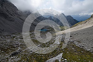 The Lienz Dolomites with Karlsbader chalet and Laserz lake in valley, Austria