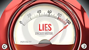 Lies and Deceit Meter that is hitting a full scale, showing a very high level of lies ,3d illustration photo