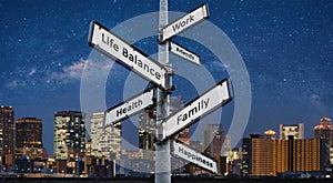 Life balance choices on signpost, with city at night backgrounds