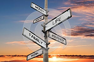 Life balance choices signpost, with sunrise sky backgrounds