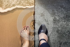 Life Balance concept for Work and Travel present in Top view position by half of Business Working Woman Shoes on Cement Floor and