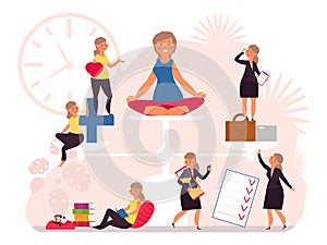 Life balance. Health work equality, women hard working. Woman on scales, stress control and care. Business house money