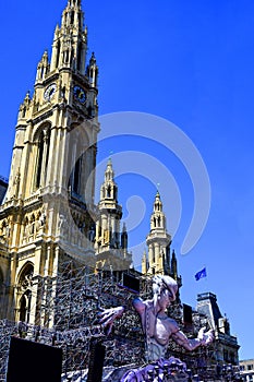Life Ball view at statue in front of City Hall in Vienna, Austr