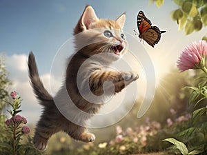 Life, beautiful nature background wallpaper.Cute pitted kitten and a butterfly closeup against naturalistic background.