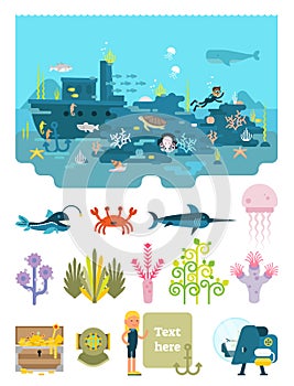 Life below water flat vector illustration collection