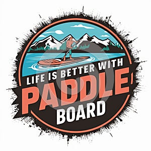 Life is Better with Paddle Board: Adventurous Outdoor Emblem with Snowy Mountains and Lake