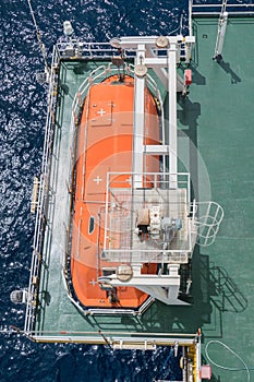 Life boat or survival craft at muster station of oil and gas accommodation platform .