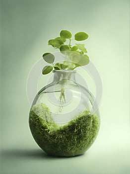 Life in a bottle: A miniature oasis of greenery thriving sustainably. AI Generated