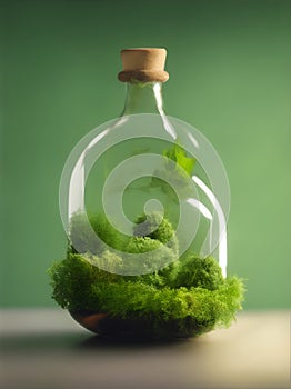 Life in a bottle: A miniature oasis of greenery thriving sustainably. AI Generated