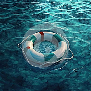 Life buoy on blue choppy water. Rescue on the sea. Generative AI