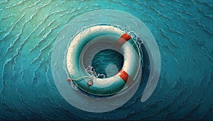 Life buoy on blue water. Rescue on the sea. Generative AI